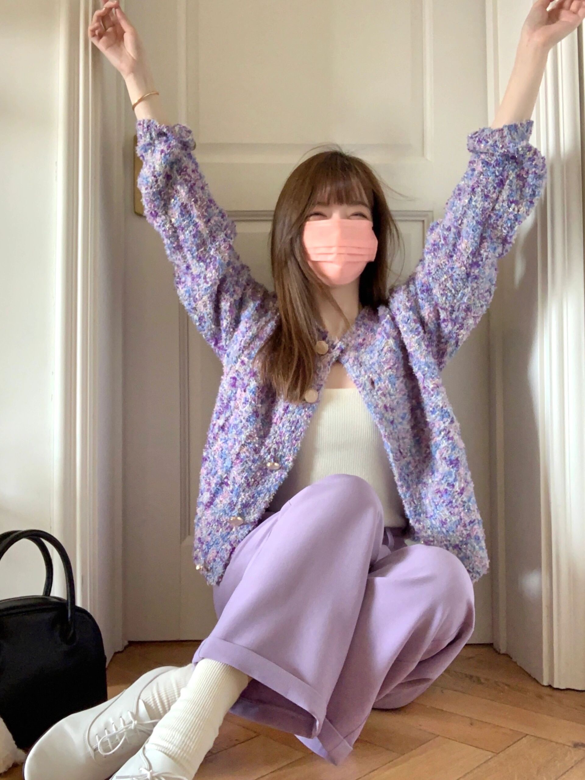 theWangs Purple Cardigan Sweater Women's Autumn 2023 New Dopamine Lazy Style Small Fragrance Style Knitted Jacket