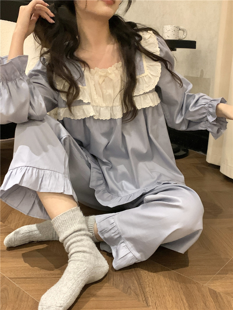 Real shot of Korean version of sweet cotton lace solid color navy collar small fresh spring and autumn long-sleeved trousers home wear set