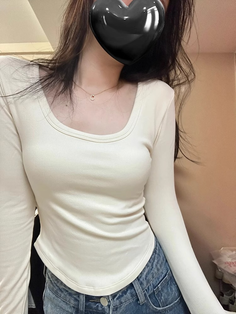 Threaded velvet sexy pure desire hottie square neck long-sleeved T-shirt for women autumn new inner layering shirt top
