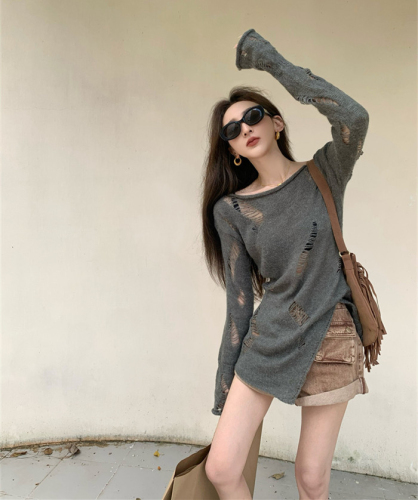 Hong Kong style sun protection blouse for women early autumn new style worn with holes gray sweater design knitted sweater top