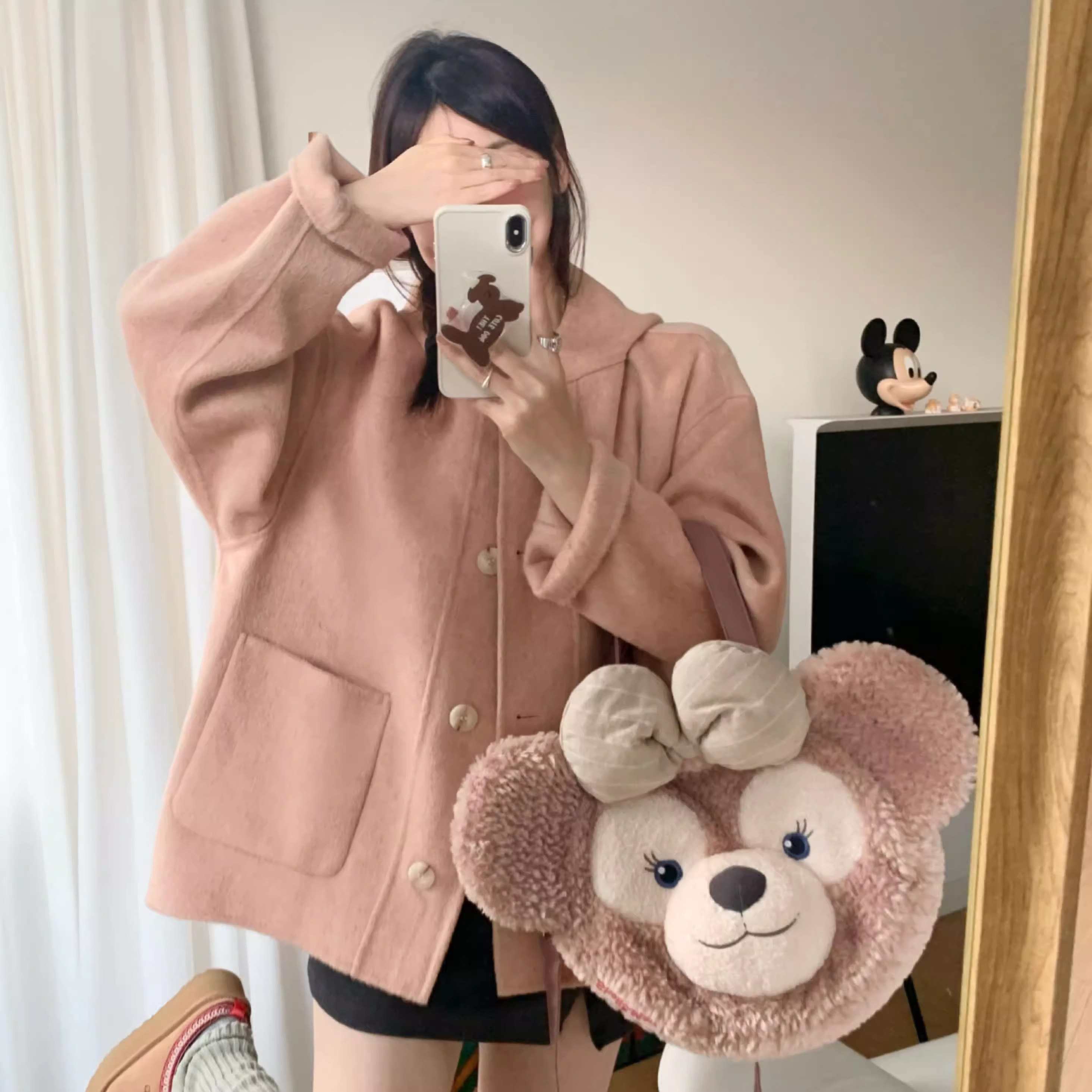 Xiaoxiangfeng rose pink cloak woolen coat for women autumn and winter 2023 new hooded double-sided woolen coat