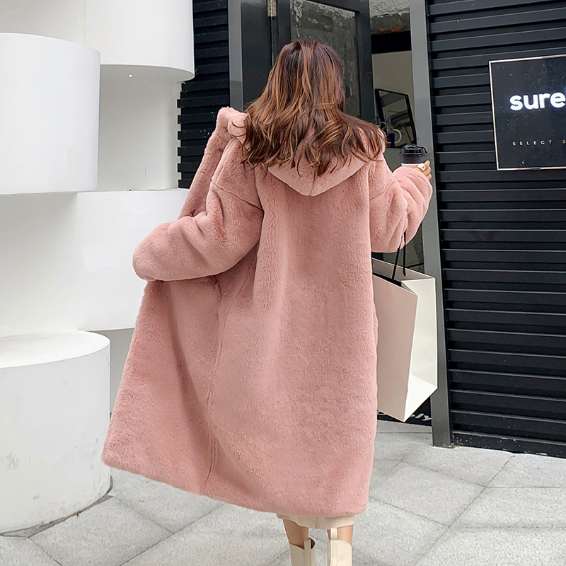 Real shot of fur coat, large size, autumn and winter women's thickened imitation mink fur long hooded coat, artificial plush imitation fur
