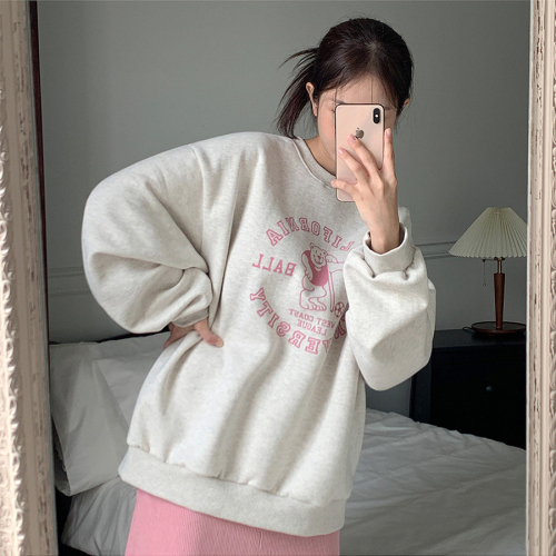 Official picture Korean version of Captain Bear, cute retro printed velvet round neck sweatshirt for women, versatile loose long-sleeved top