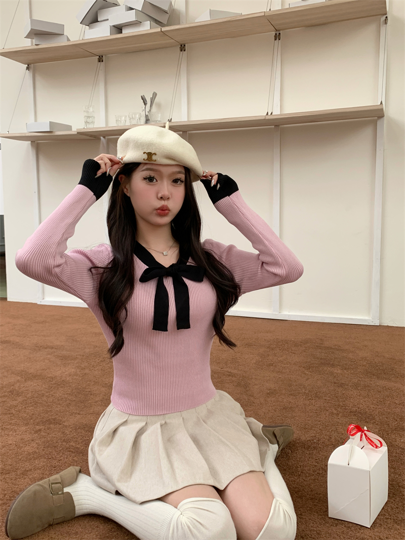 Actual shot of new autumn and winter French style contrasting color three-dimensional strap bow slim knitted sweater top for women
