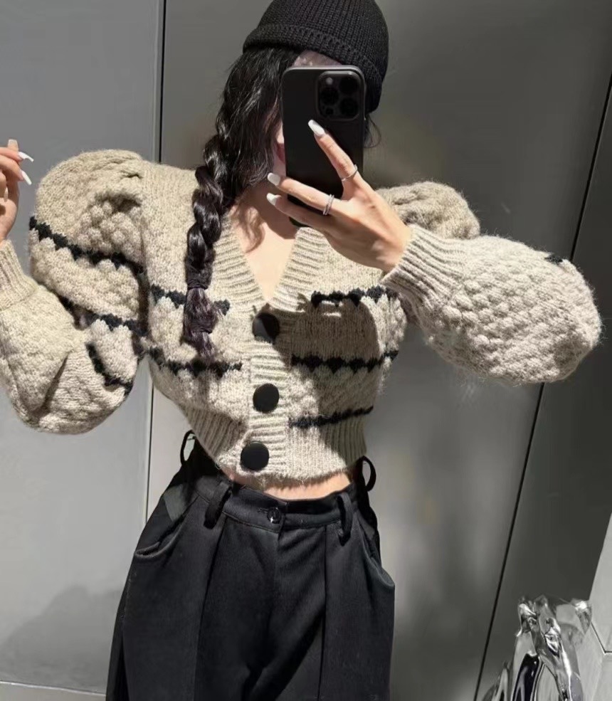 Korean 2023 winter new fashion ins single-breasted long-sleeved short sweater