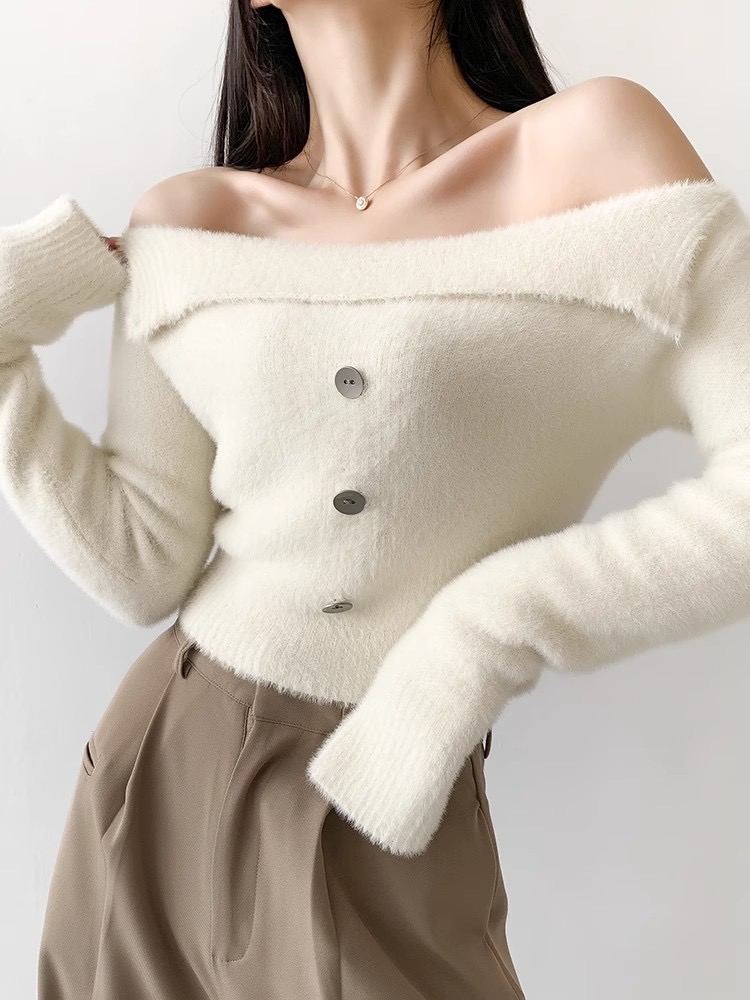 American hot girl style one-neck sweater, feminine off-shoulder pullover sweater, slimming bottoming shirt