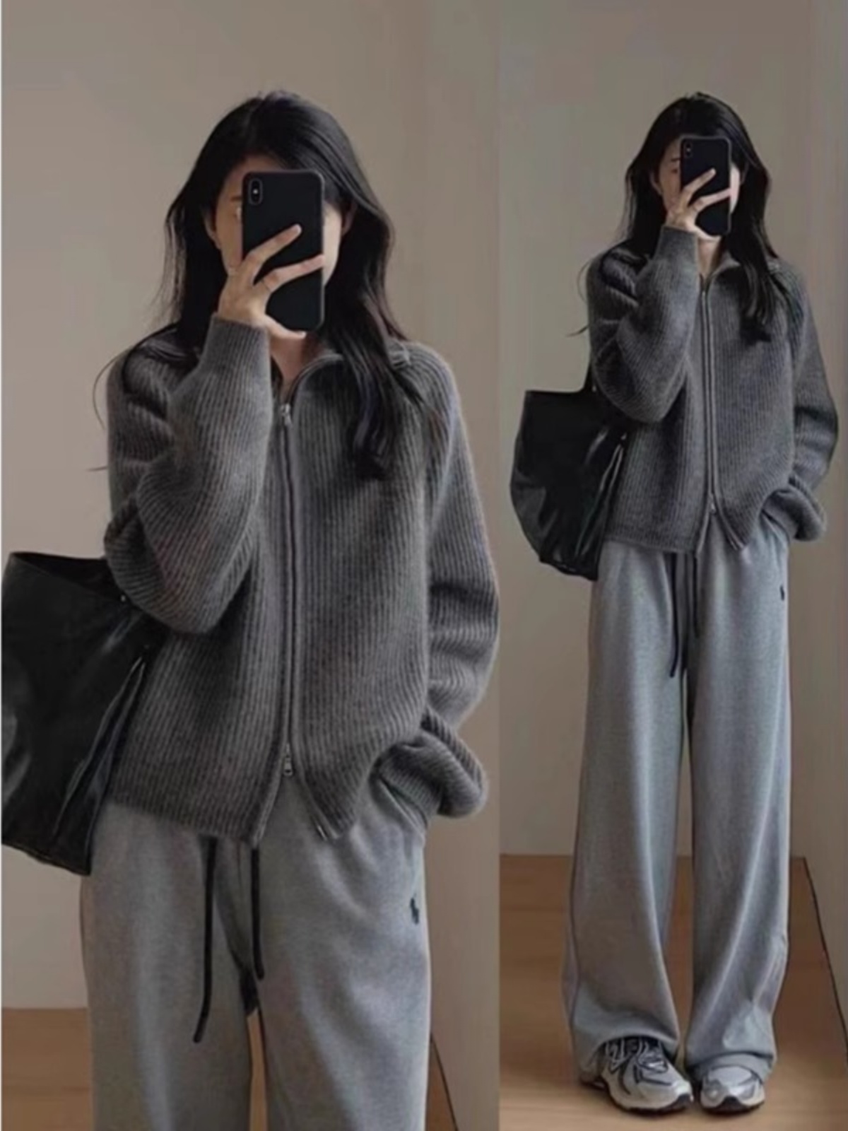 Korean style lapel zipper knitted cardigan women's high collar 2023 autumn and winter new style retro lazy style loose thickened jacket