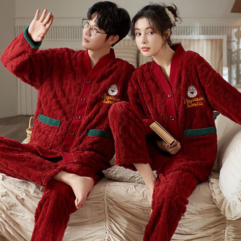 大紅色喜慶結婚睡衣珊瑚絨情侶睡衣冬季男女睡袍婚慶家居服套裝