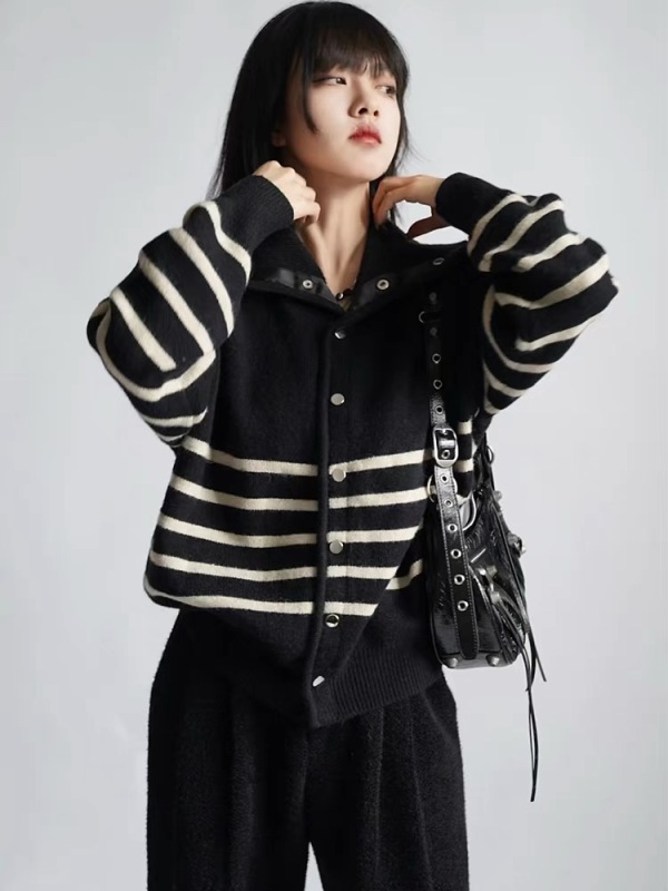 Autumn and winter new Korean style high collar striped single-breasted design knitted cardigan women's niche loose and versatile casual sweater