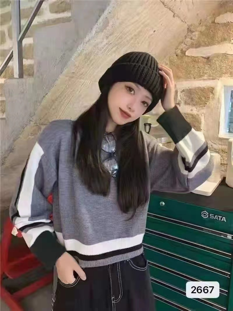 慵懶風燈籠袖毛衣女秋冬裝設計感小眾寬鬆套頭短款撞色針織衫上衣