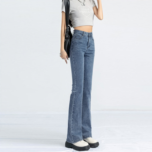 美式复古微喇牛仔裤2024春季新款女高腰显瘦小个子喇叭马蹄裤