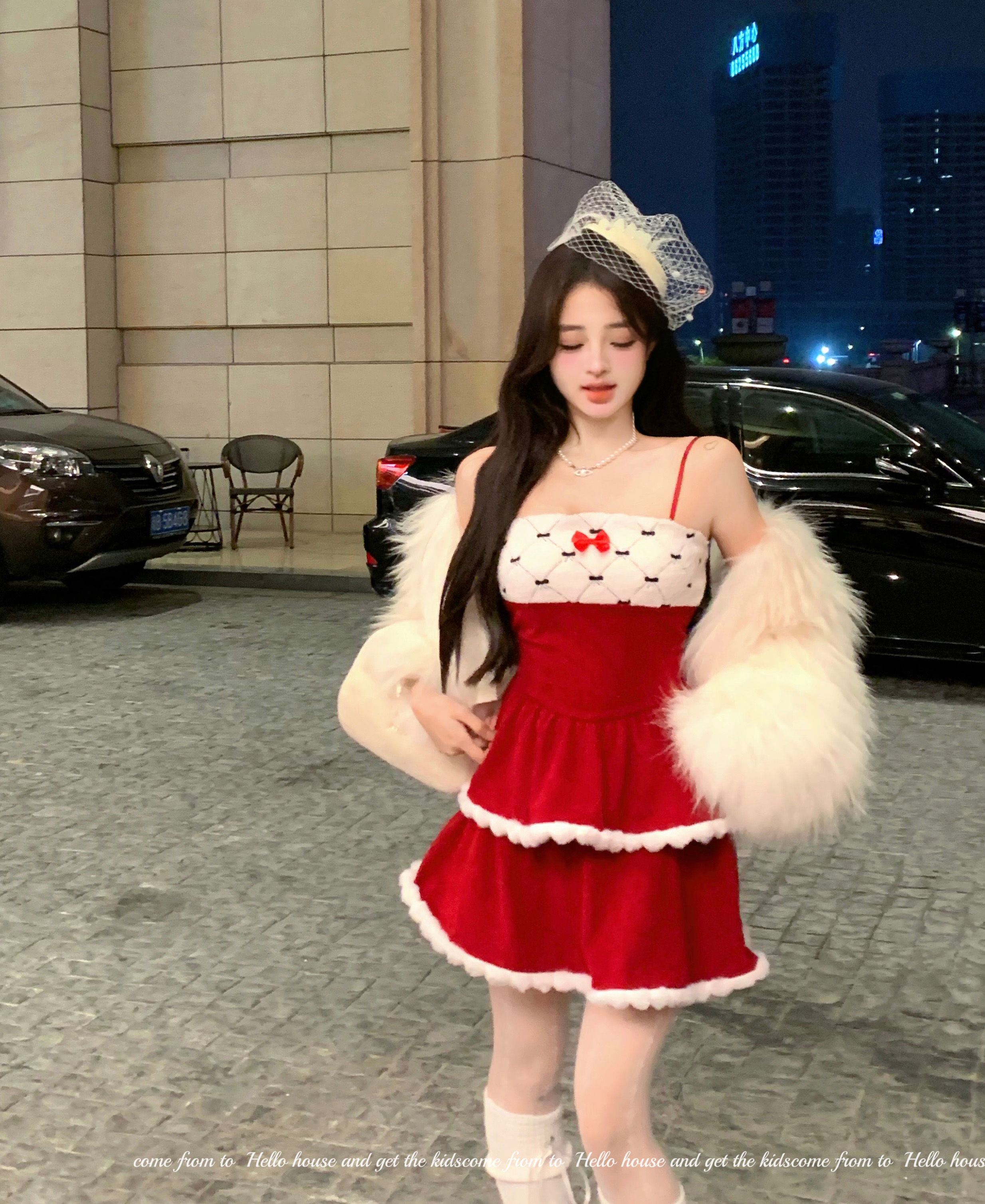 Real shot~Sweet and spicy pure desire bow suspender skirt slim fit patchwork cake skirt bottoming dress