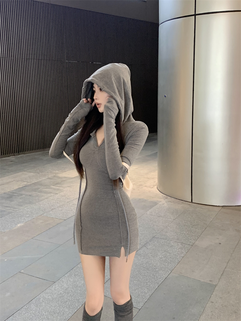 美式甜酷抽繩連帽長袖連衣裙女秋純欲收腰包臀裙氣質修身開叉短裙