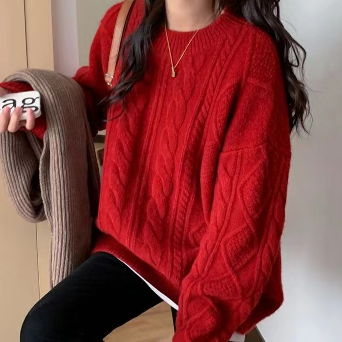 New Year's Red Loose Sweater Women's 2023 Autumn and Winter Soft and Waxy Pullover Cable Korean Style Lazy Style Knitted Top for Outerwear