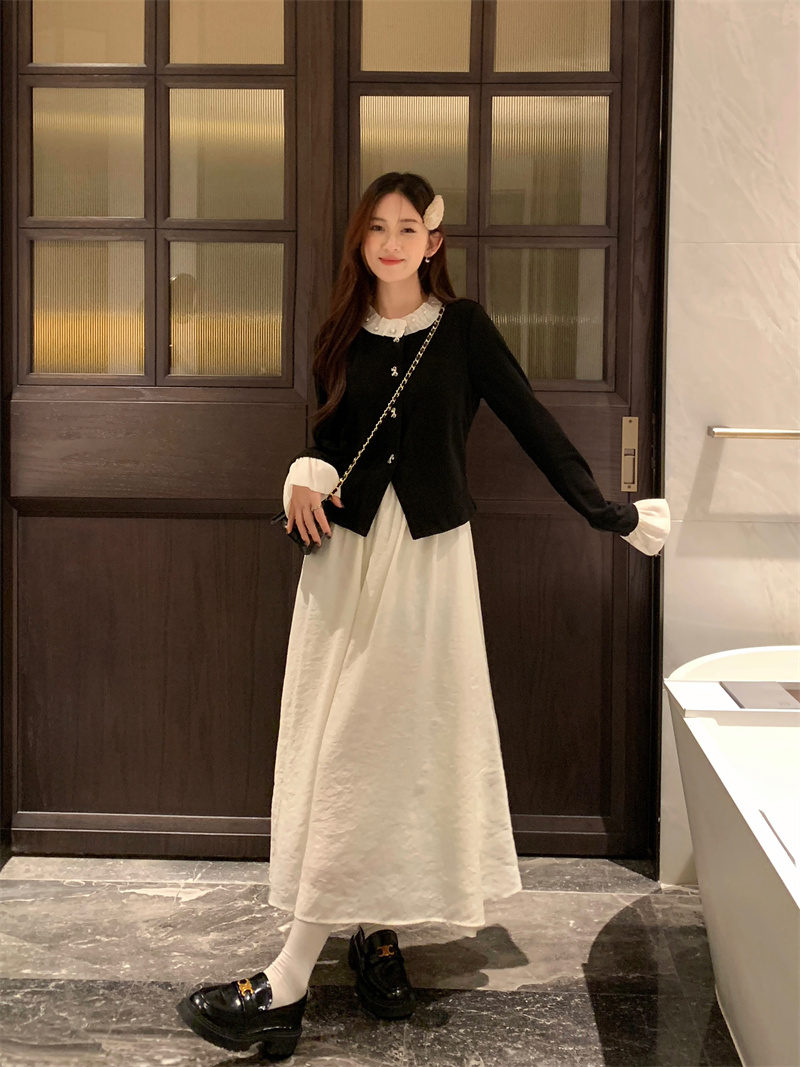 Actual shot of gentle fake two-piece dress for women in autumn and winter, high-end inner A-line mid-length slim princess dress