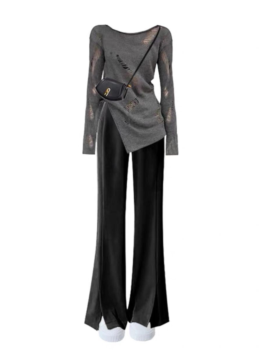 2 colors/Korean version slimming and lazy ripped long-sleeved top