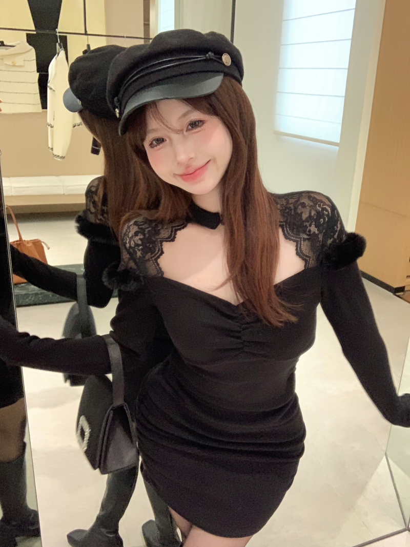 Real shot of Pure Lust Lace Spliced ​​Hollow Long Sleeve Dress Autumn and Winter Sexy Hot Girl Slim Fit Hip Skirt
