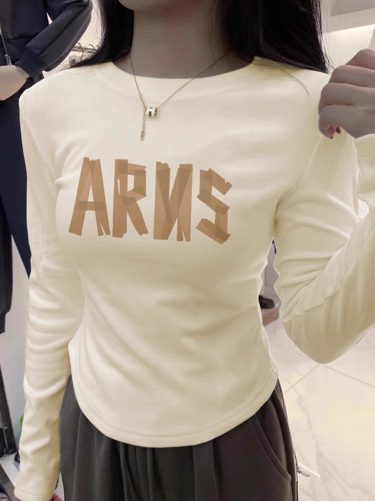 DeRong Creative Printed Top Autumn and Winter Round Neck Slim-fitting Inner Style Fashionable Age-Reducing T-Shirt Thickened Girls' Bottoming Shirt