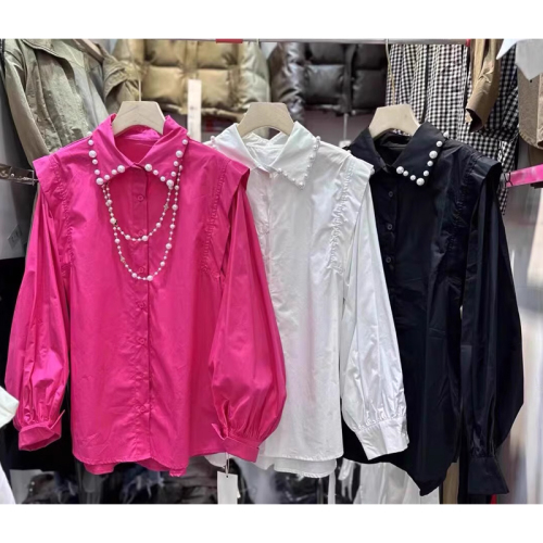 2024 early spring new style splicing heavy industry pearl versatile polo collar lantern sleeve long sleeve top shirt for women