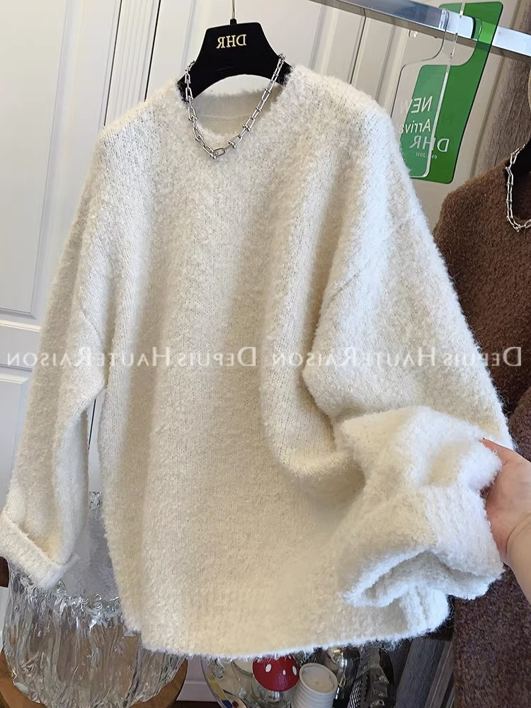 Milky white salt terry velvet, warm, soft and waxy, loose big sweater, sweater for women, thickened, lazy style, autumn and winter