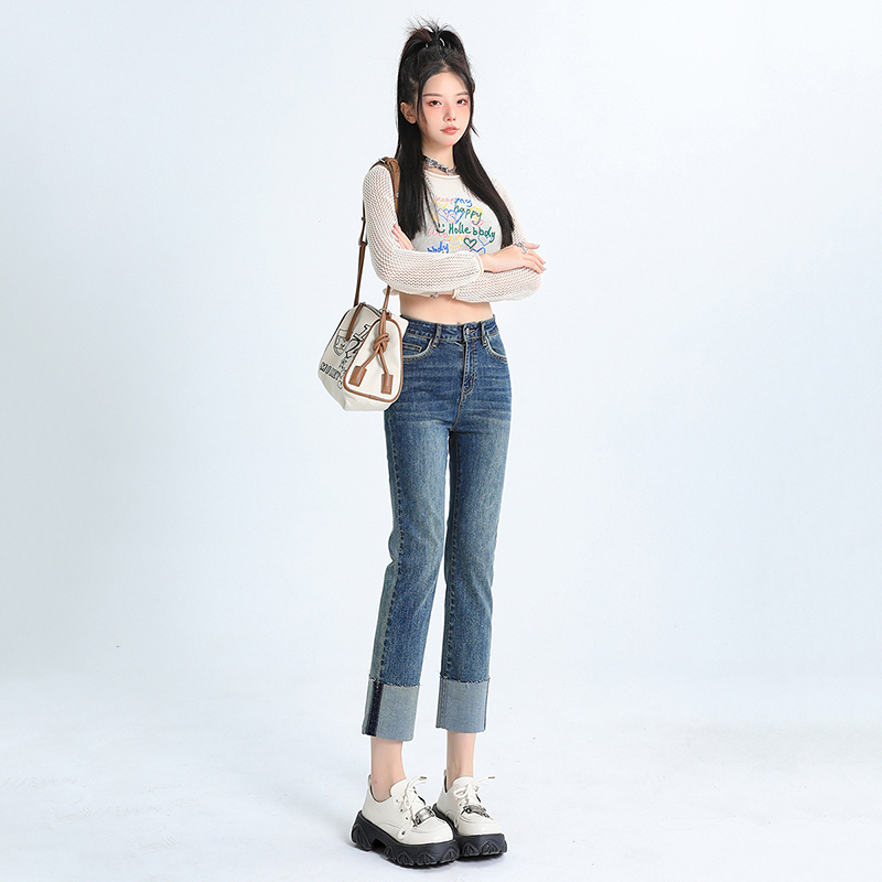 Actual shot ~ 2024 spring new straight jeans for women petite nine-point cigarette pants retro large size high waist ins