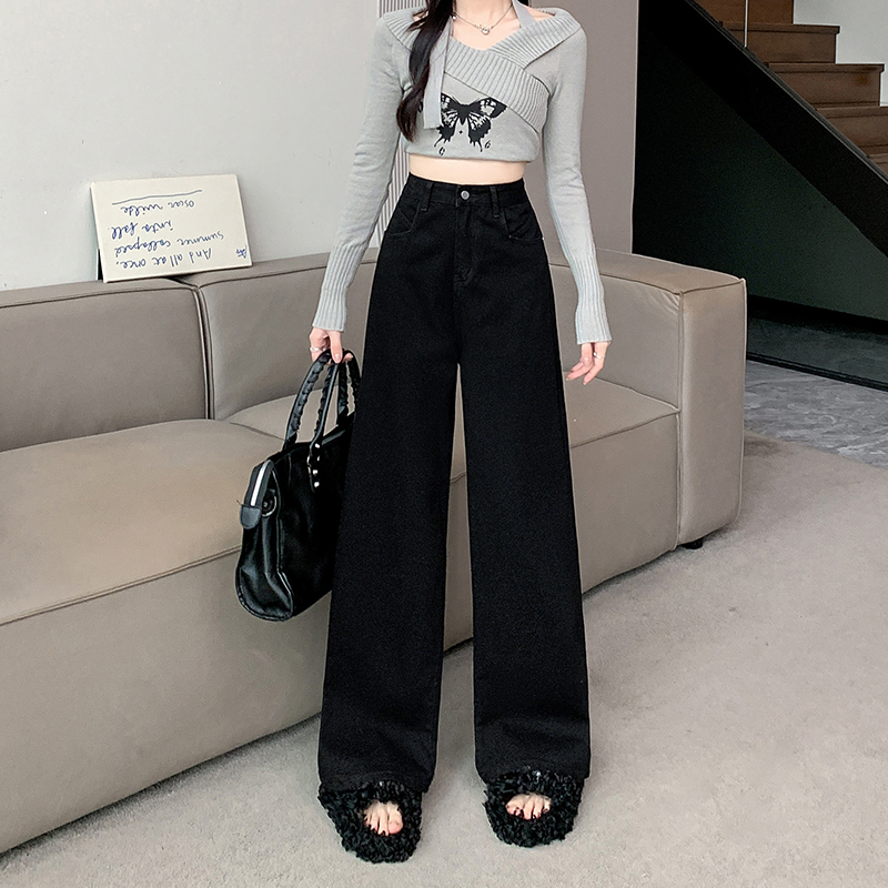 Actual shot ~ Black wide-leg jeans for women, new style, loose, high-waisted, straight, versatile, slimming and drapey, floor-length mopping pants