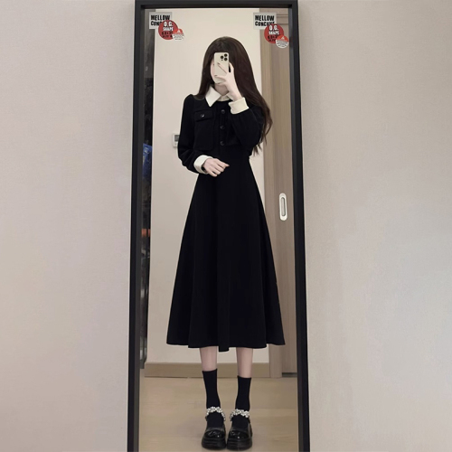 Autumn and winter  new black fake two-piece dress for women French high-end Hepburn waist slimming long dress