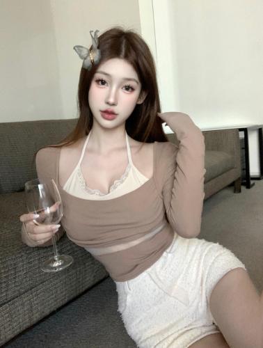 Real shot of hot girl fake two-piece plus velvet and brushed mesh stitching slimming bottoming long-sleeved T-shirt top