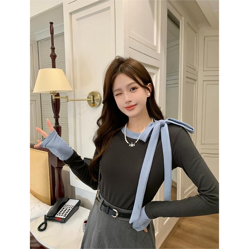 Tailor it to your heart French fake two-piece contrasting color stitching strap bow T-shirt women's winter wear