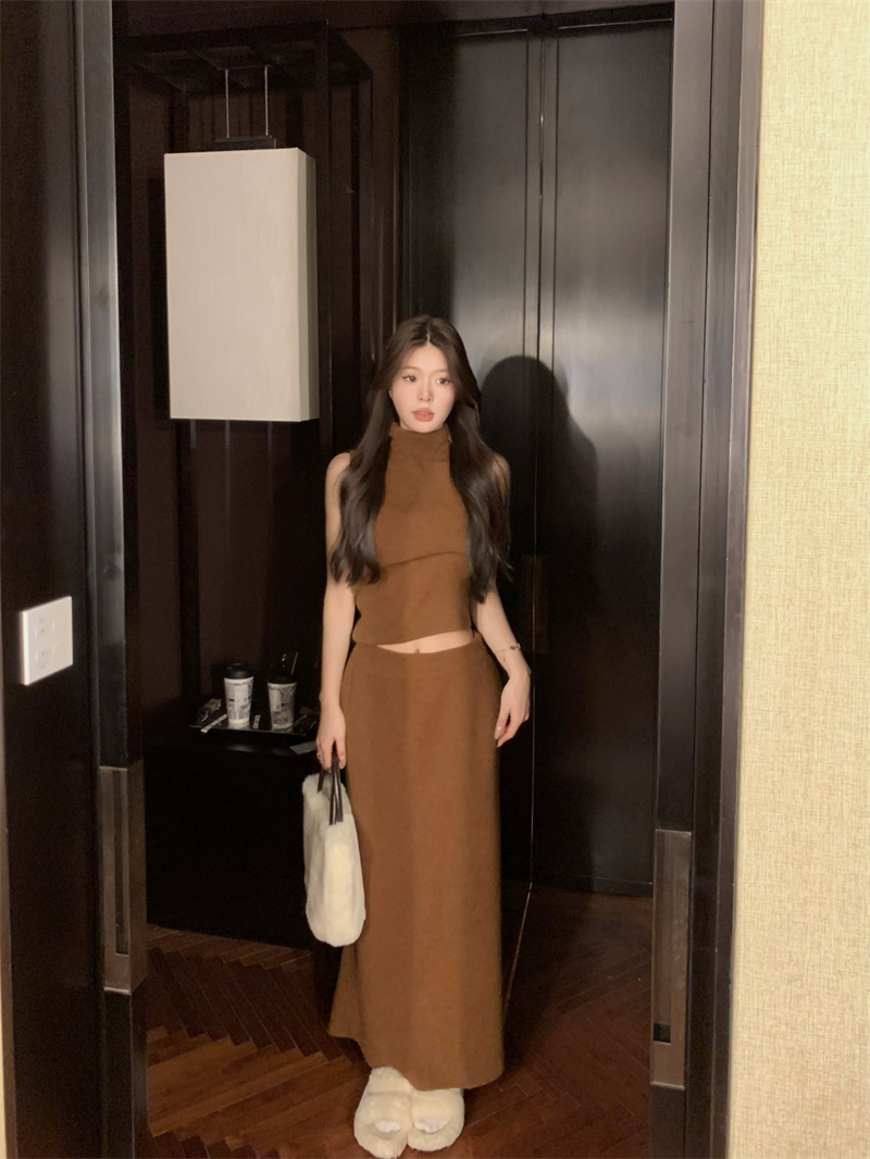實拍  冬季新款高領無袖針織背心兩件套溫柔氣質連衣裙長裙