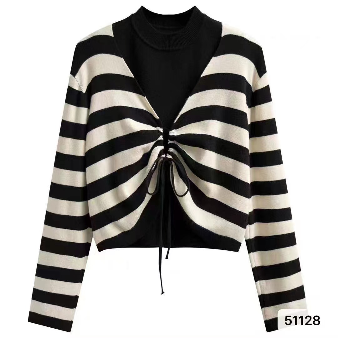 2023 new autumn and winter Korean style fashionable half turtleneck vest + striped drawstring pleated long-sleeved suit