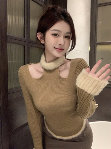 Actual shot of autumn and winter design retro French style collarbone-exposed halter neck knitted top