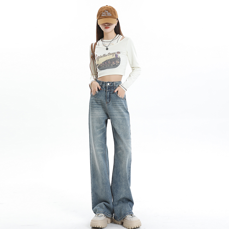 Actual shot ~ 2024 retro blue wide-leg denim trousers for women, new style, loose and drapey, high-waisted, slim design, straight