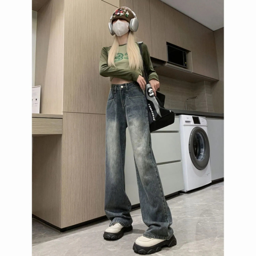 Hong Kong style retro straight jeans for women spring and autumn 2024 new large size fat mm high waist slimming wide leg floor mopping pants