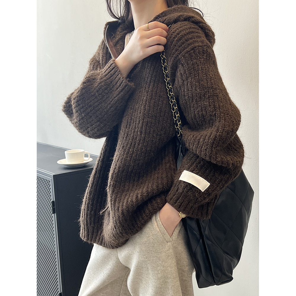 Real shot ~ Lazy style hooded zipper sweater for women 2023 winter new mid-length pullover sweater