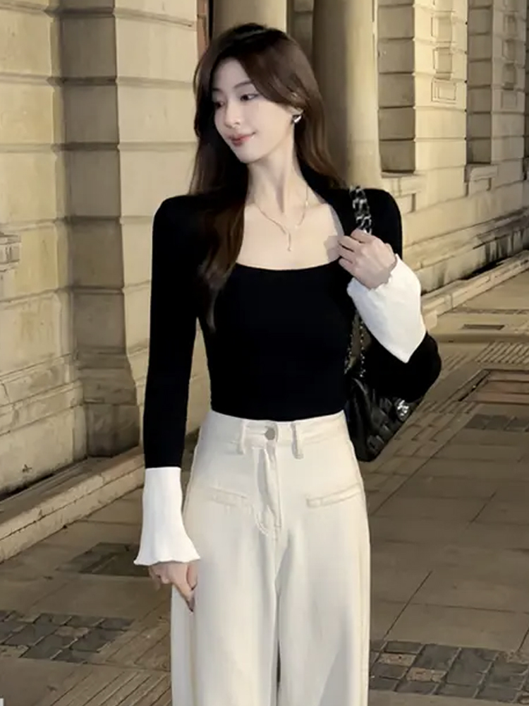 French contrasting color square neck sweater tops for women, autumn and winter slim-fitting inner wear, Korean style base sweater 2023 new style