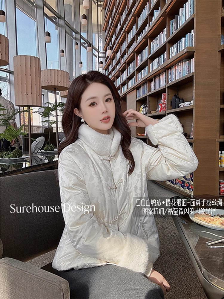 Catkin homemade 715g 90 white duck down handmade plate buckle painted boat smoke medium light new Chinese style down jacket for women winter