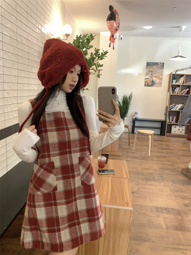 實拍~秋冬小甜莓心聖誕疊穿毛呢格子裙背心連衣裙+磨毛打底衫