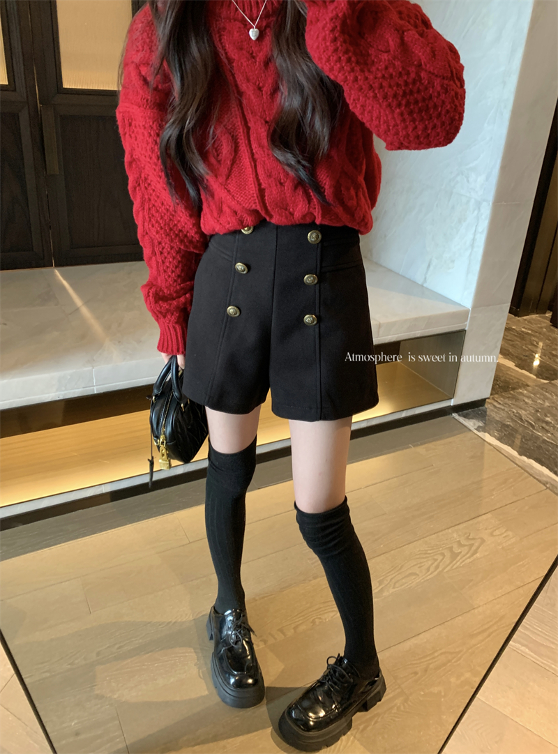 實拍休閒短褲女新款高腰西裝毛呢短褲百搭排扣呢子A字闊腿褲
