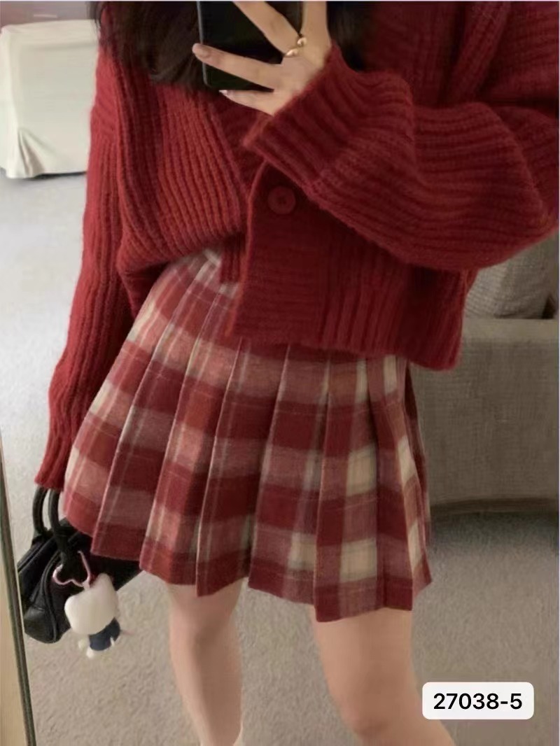 2023 Autumn and Winter New Korean Style Retro College Style Pleated Woolen Skirt