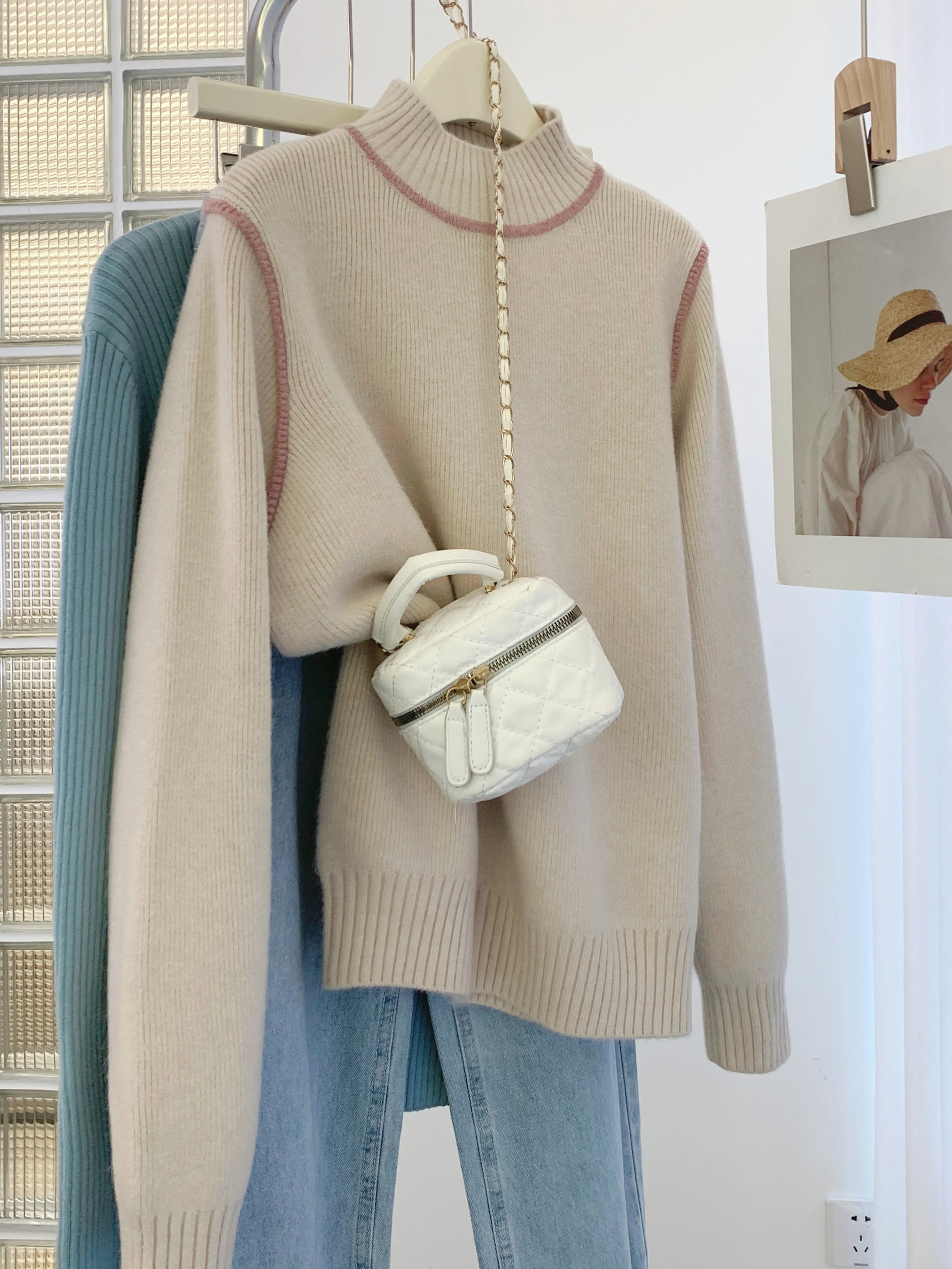 Off-white half turtleneck inner bottoming shirt for women autumn and winter 2023 new knitted sweater thickened mid-collar top winter