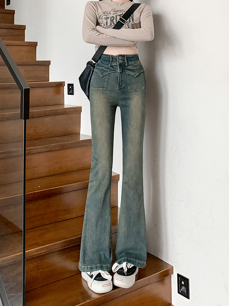 Actual shot ~ Slightly booted jeans for women in autumn, high-waisted double-button tummy control, retro nostalgic design, horseshoe trousers