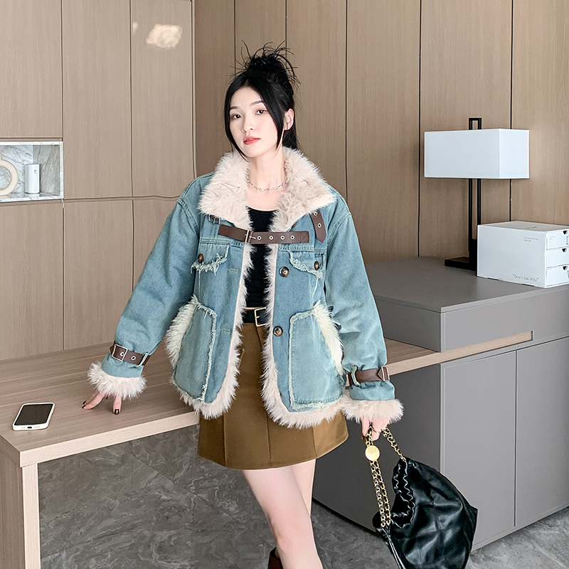 Real shot~Padding and velvet thickened denim woolen cotton-padded jacket for women 2023 new winter cotton-padded jacket