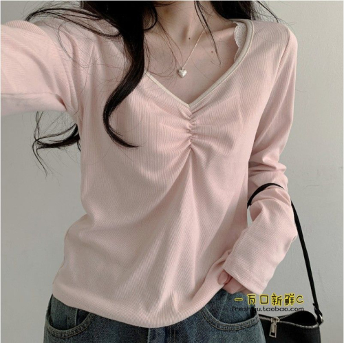 Tailor it as you like, pure lust top for girls, cute and gentle pink V-neck long-sleeved T-shirt