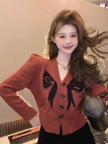 Actual shot~Autumn and winter new Korean style bow V-neck sequined puff sleeves thickened sweet sweater cardigan