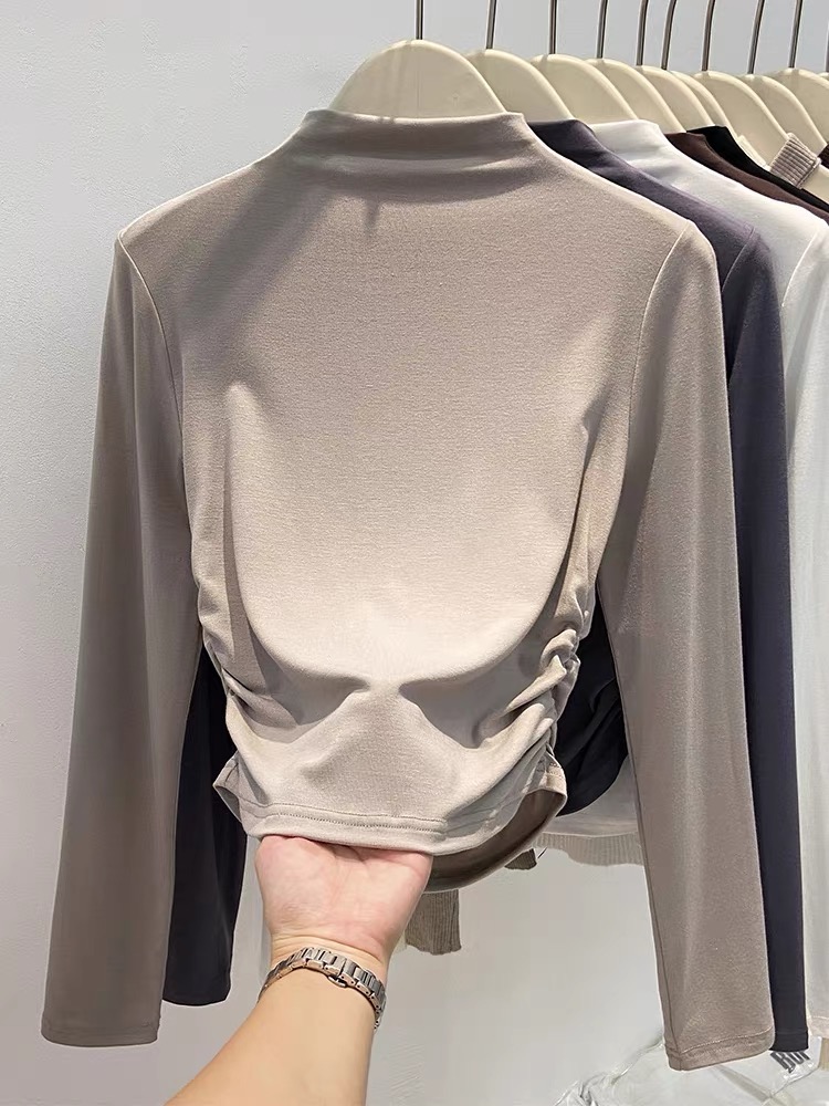Half turtleneck bottoming shirt, autumn and winter solid color small stand collar long-sleeved T-shirt, feminine pleated waist short top