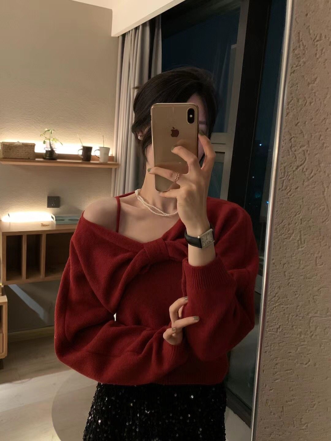 Gentle wind soft waxy blouse short sweater women's lazy high-end autumn design niche knitted sweater two-piece set