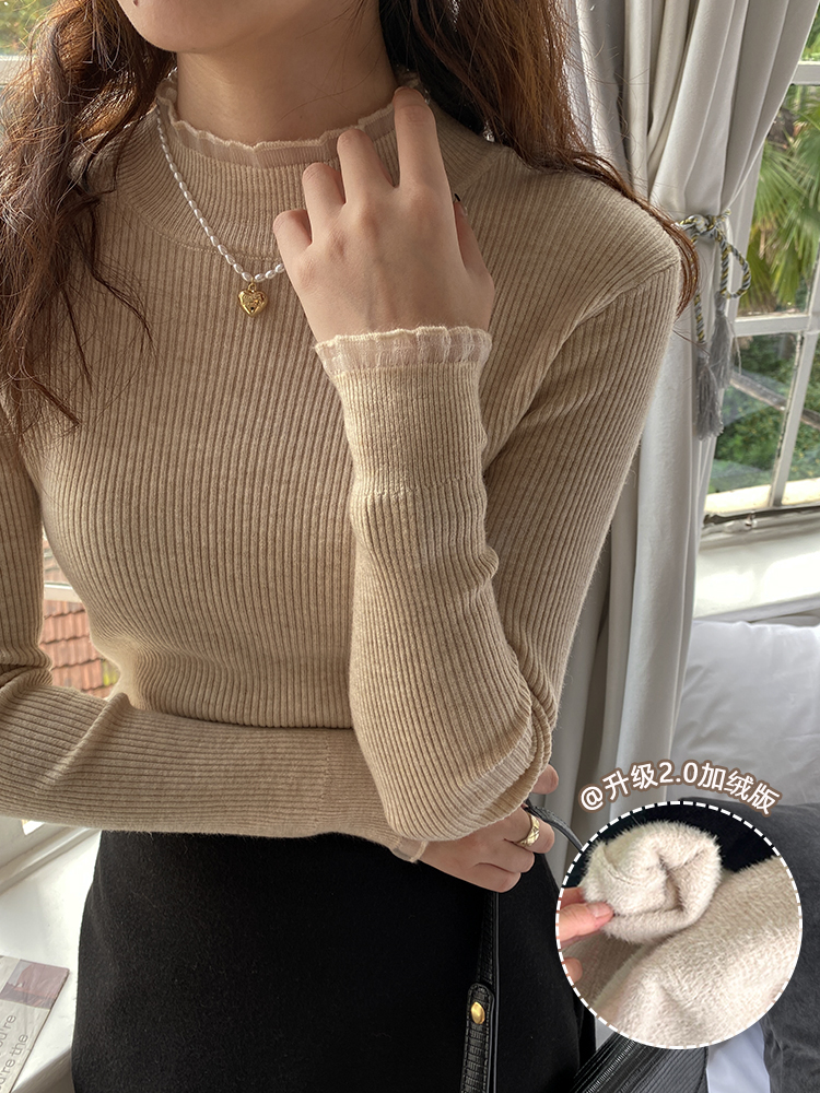 Half turtleneck sweater for women 2023 autumn and winter stretch slim fit inner top lace fungus bottoming shirt for women
