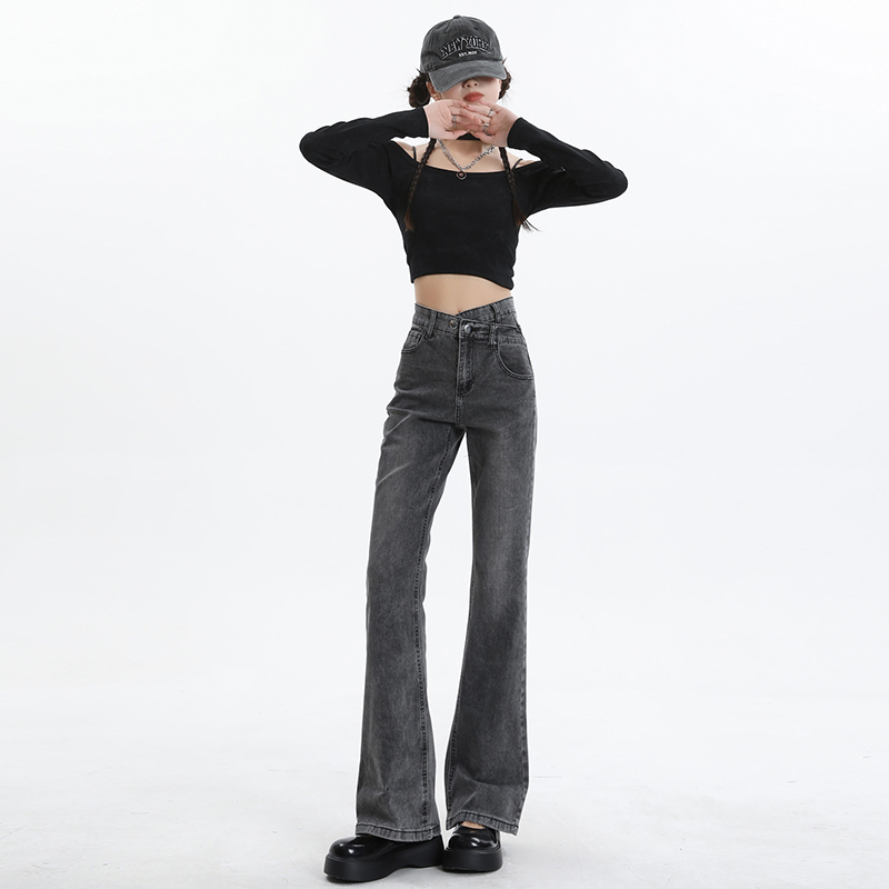 Actual shot ~ High-waisted micro-flared jeans for spring and autumn slimming and high-elastic drape floor-length horse hoof trousers for small people