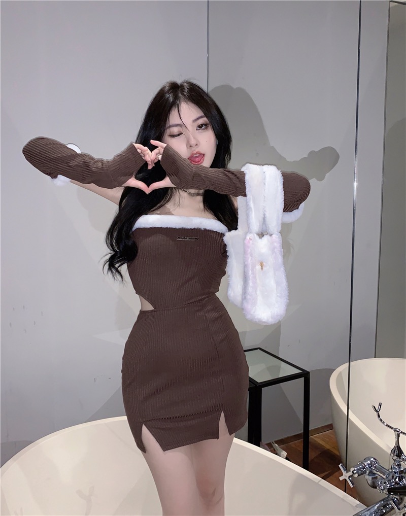 實拍~2023新款聖誕辣妹毛毛拼接抹胸連衣裙女修身開叉包臀裙